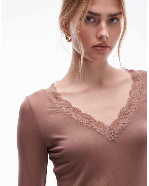 & Other Stories Red Long Sleeve Deep V-neck Lace Trim Top