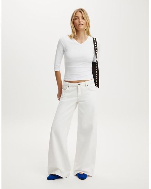 Cotton On White 90S V Neck ¾ Sleeve