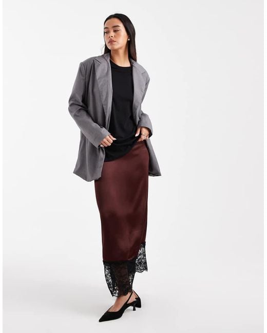 Miss Selfridge Brown Satin And Lace Bias Maxi Skirt