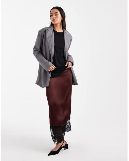 Miss Selfridge Brown Satin And Lace Bias Maxi Skirt