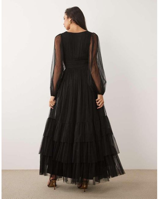 LACE & BEADS Black Bridesmaid Sheer Mesh Sleeve Plunge Neck Tiered Maxi Dress