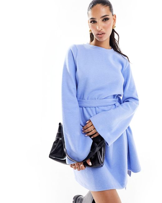 ASOS Blue Supersoft Flare Sleeve Jumper Swing Mini Dress With Belt