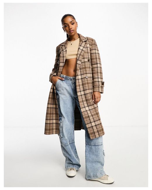 Urban Revivo White Check Print Double Breasted Long Coat