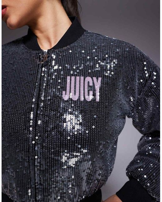 Juicy Couture Blue Logo Sequin Zip Through Bomber Jacket
