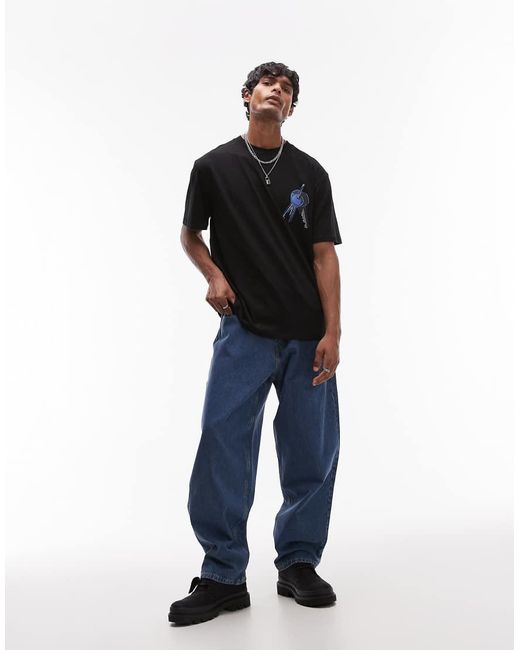 Camiseta Negra Extragrande Con Estampado De Parche De Llaves En La Parte Delantera Y Trasera De Topman de hombre de color Blue