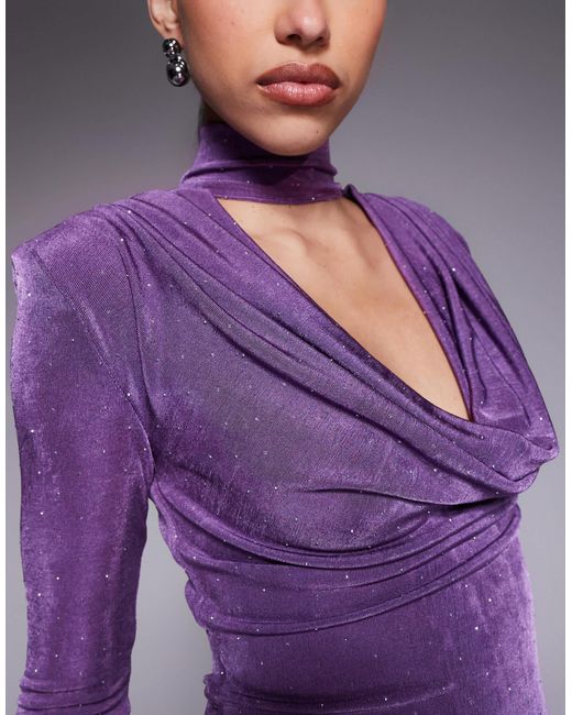 Ruched & Ready Purple Removable Shoulder Pad Detail Choker Cowl Neck Sculpting Hotfix Mini Dress