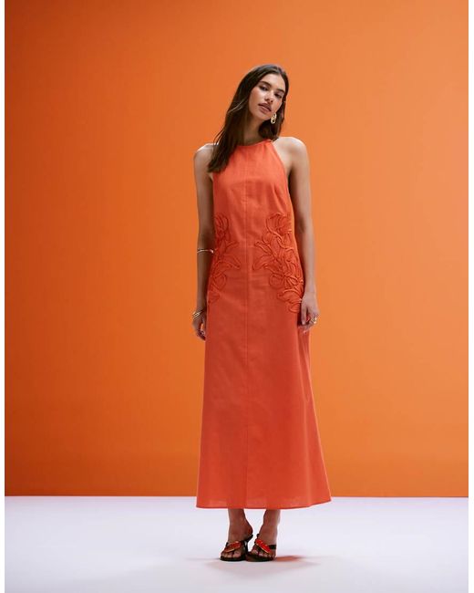 ASOS Orange Low Back Halter Midi Dress With Waist Embroidery