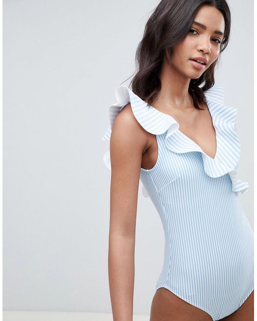 Ted Baker Blue Striped Ruffle Swimsuit