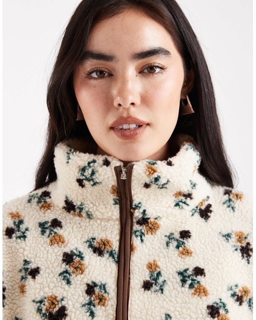Daisy Street Natural Zip Through Printed Borg Jacket With Contrast Binding