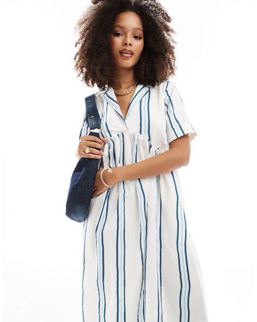 ASOS Blue – midi-hemdkleid mit zweifarbigem streifenmuster, korsettsaum und reverskragen