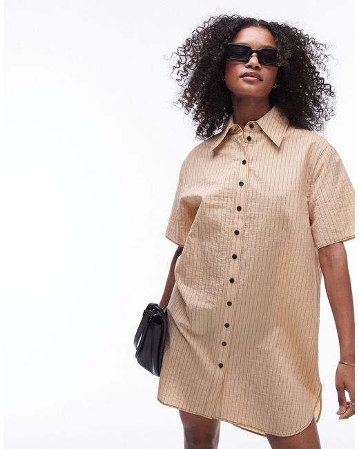 TOPSHOP Natural Shirred Mini Shirt Dress With Contrast Top Stitch