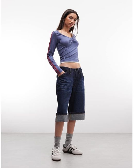 Collusion Blue Long Sleeve Ruched V Neck Sports Tee