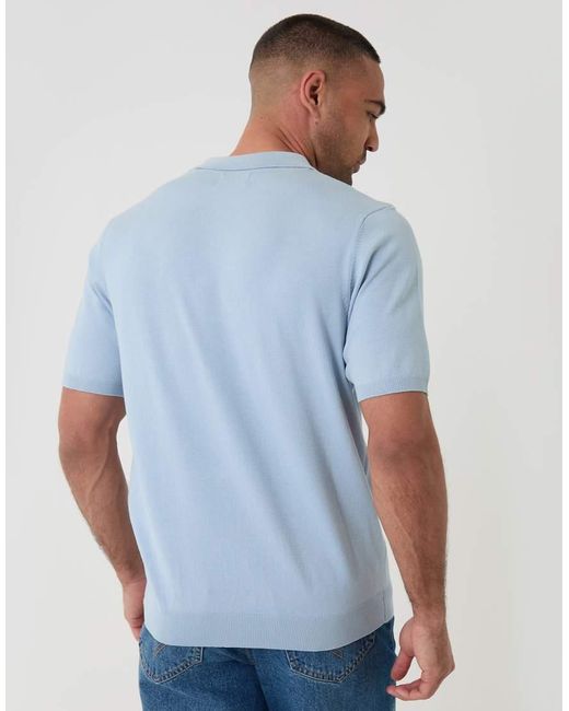 Threadbare Blue Quarter Zip Knitted Polo for men