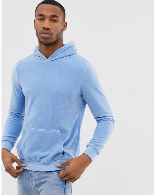 Bershka Velour Hoodie In Light Blue With Piping On Sleeve for men
