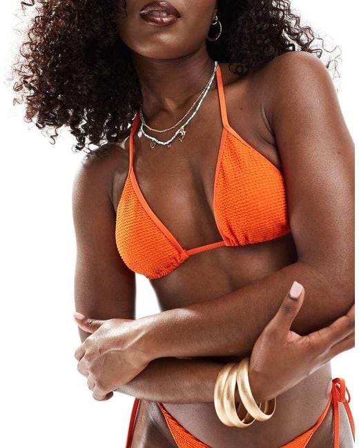 Free Society Orange Shiny Crinkle Triangle Bikini Top