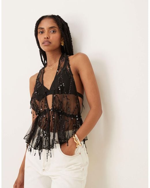 ASOS Black Sheer Scatter Sequin Mesh Halter Top