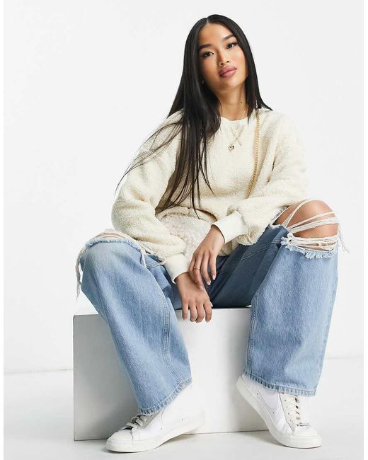 Pieces White Contrast Stitch Teddy Sweatshirt