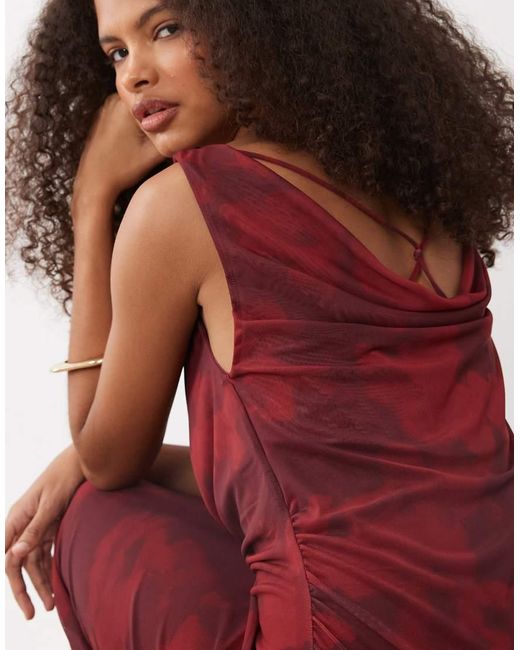 Mango Red Cowl Neck Mesh Maxi Dress