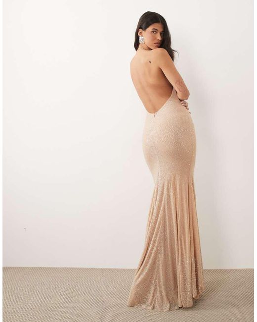 Oh Polly Brown Premium Embellished Plunge Halter Neck Low Back Maxi Dress