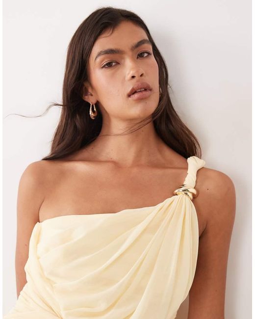 ARRANGE Natural One Shoulder Draped Twist Detail Maxi Dress With Metal Trim Detail