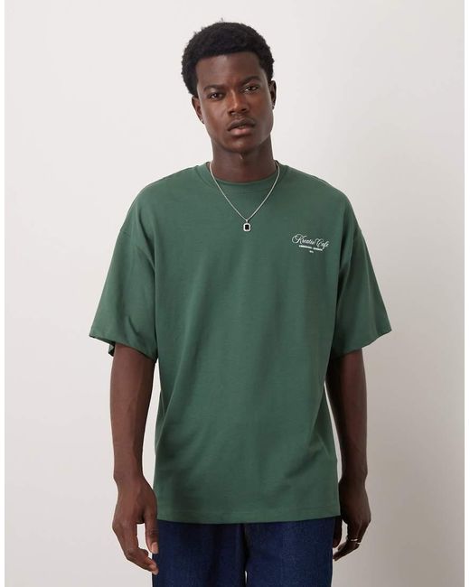 SELECTED Green Heavyweight Oversized T-shirt With Club Print for men