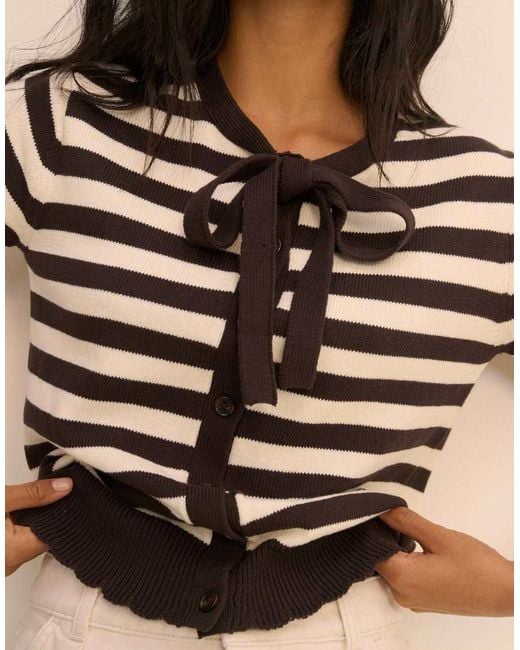 Nobody's Child Black Stripe Short Sleeve Tie Neck Cardigan