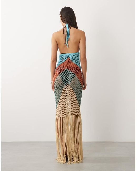 Kaiia Multicolor Exclusive Premium Halterneck Crochet Tassel Hem Maxi Dress