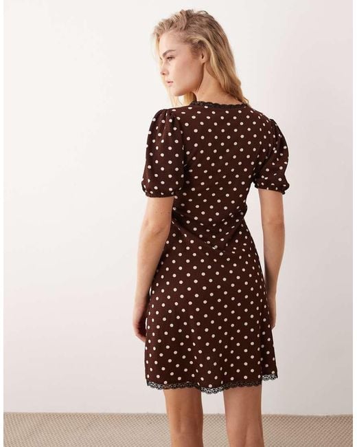 New Look Natural Polka Dot Crinkle Lace Trim Mini Dress