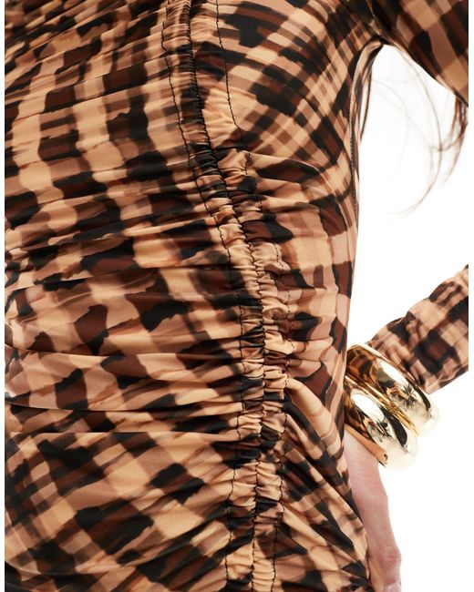 ASOS Brown Long Sleeve Drawstring Ruched Mini Dress