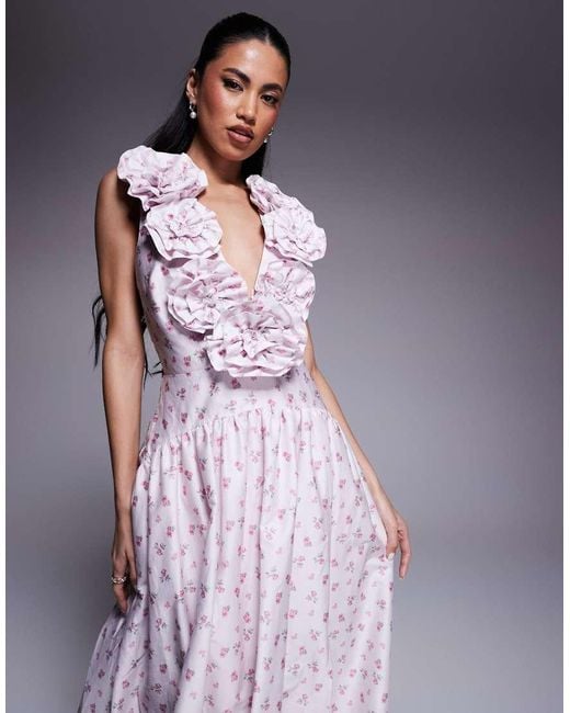 ASOS Purple Plunge Drop Waist Corsage Maxi Dress