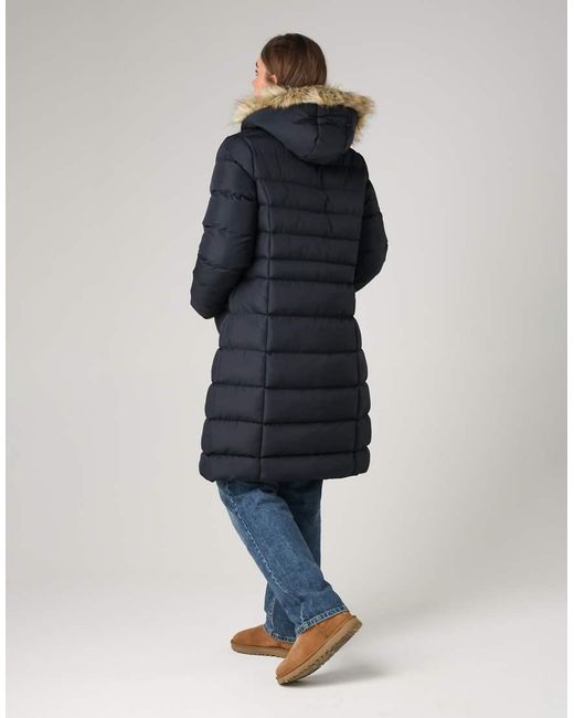 French Connection Blue Midi Padded Parka Jacket With Faux Fur Hood