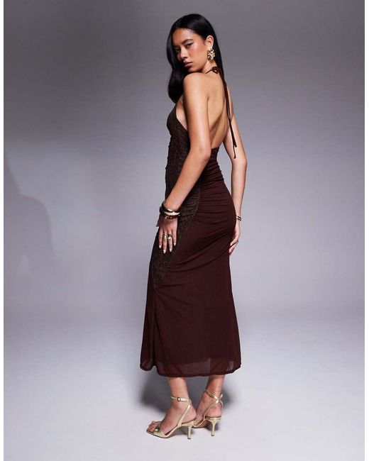 ASOS Midi Jurk Van Rekbaar Chiffon Met Blote Schouder En Patchwork-Kant in het Purple