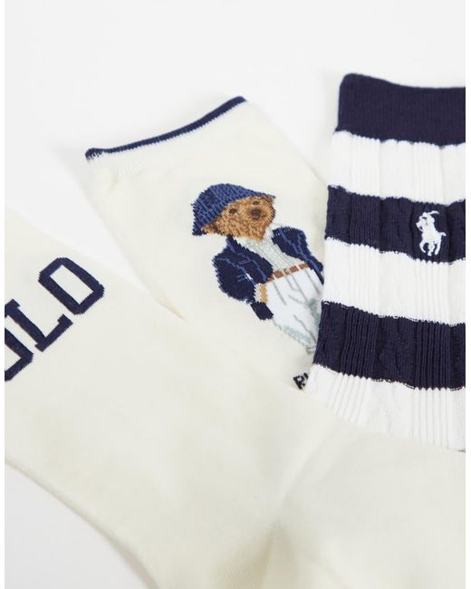 Polo Ralph Lauren White Bear Stripe 3 Pack Logo Socks