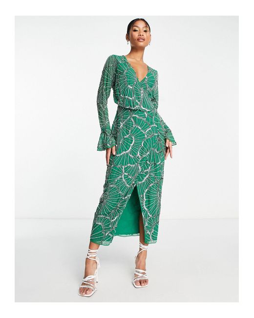 ASOS Embellished Wrap Midi Dress With Scallop Design in Green Lyst