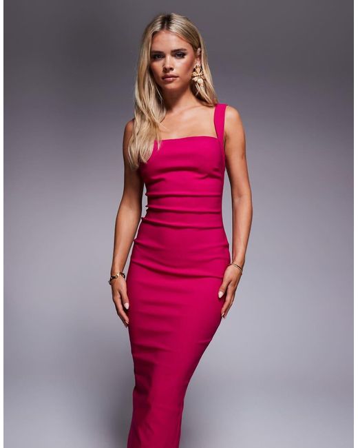 Vesper Petite Red Bengaline Square Neck Scoop Back Midaxi Dress