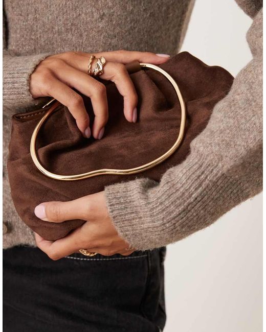 ASOS Brown Faux Suede squiggle Metal Handle Grab Bag With Detachable Chain Crossbody Bag