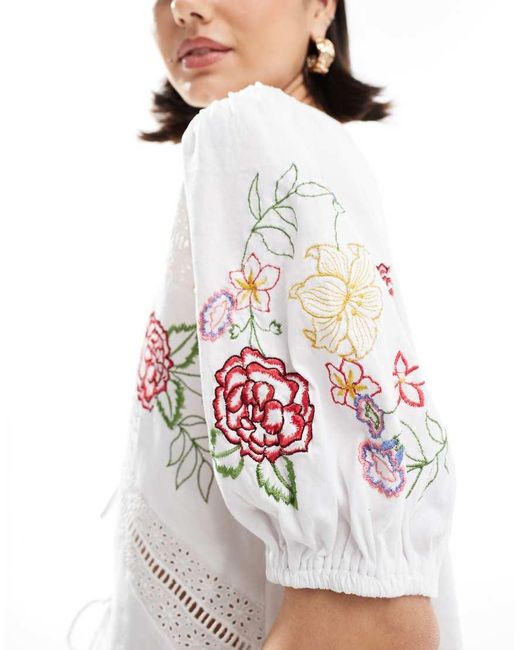 ASOS White Tie Front Top With Floral Embroidery