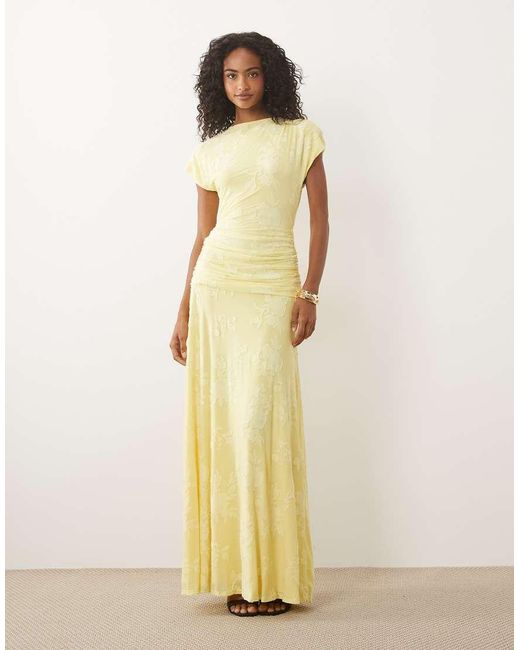 ASOS Yellow Devore Lace Ruched Detail Short Sleeve Maxi Dress