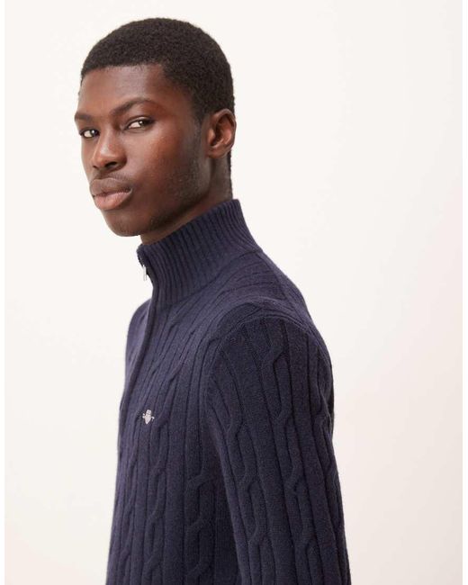 Gant Blue Lambswool Cable Knit Half Zip Jumper for men