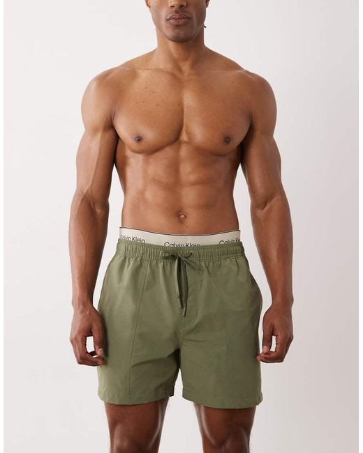 Calvin Klein Green Logo Waistband Drawstring Swim Shorts for men