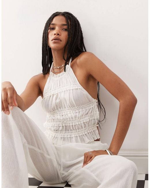 Collusion White Textured Halter Neck Backless Top
