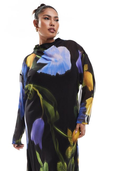 Asos design curve - robe longue en mousseline à imprimé fleuri flouté ASOS en coloris Blue
