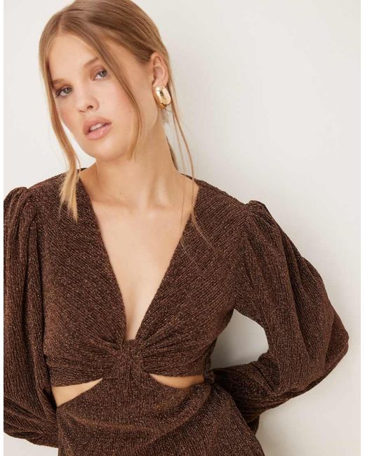 Pretty Lavish Brown Shimmer V Neck Balloon Sleeve Cut Out Maxi Dress