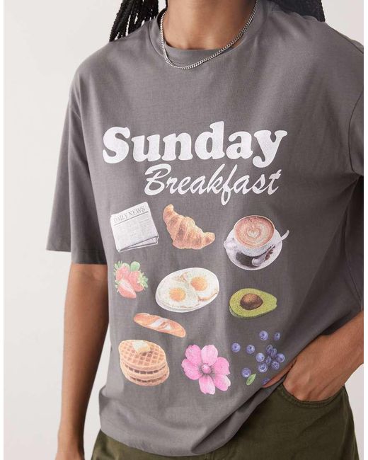 Noisy May Gray Boxy T-shirt Fit With Breakfast Graphic