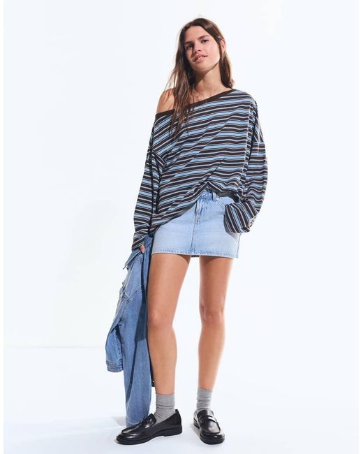 Bershka Blue Printed Asymmetric Neck Long Sleeve T-Shirt