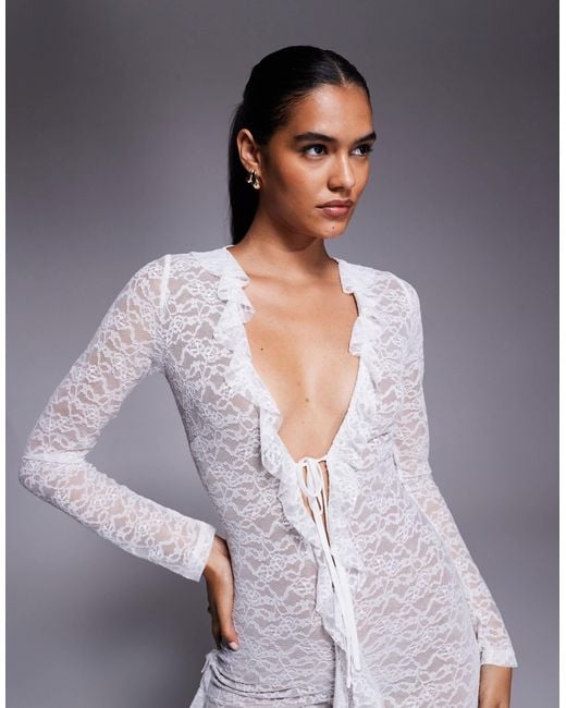 long sleeve mini a line dress A-Line Illusion Neck Lace Applique Long Sleeves Short-Mini Wedding Dresses Diamond White / 8