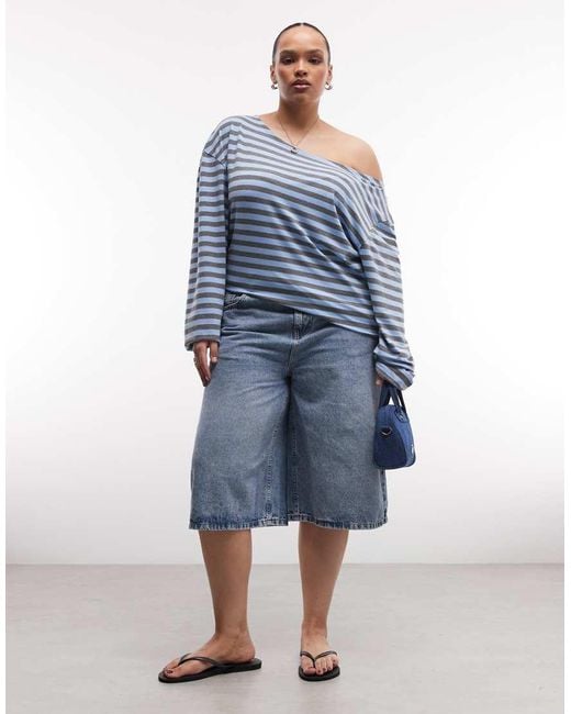 Collusion Blue Plus Long Sleeve Off The Shoulder Stipe Top