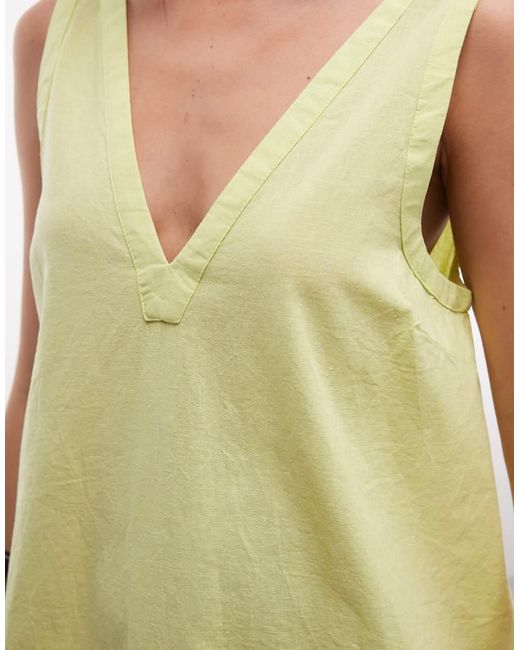 ASOS Yellow Cotton Linen V Neck Smock Mini Dress