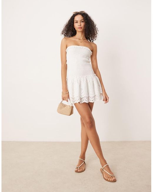 Iisla & Bird Natural Broderie Ruched Bandeau Mini Beach Dress