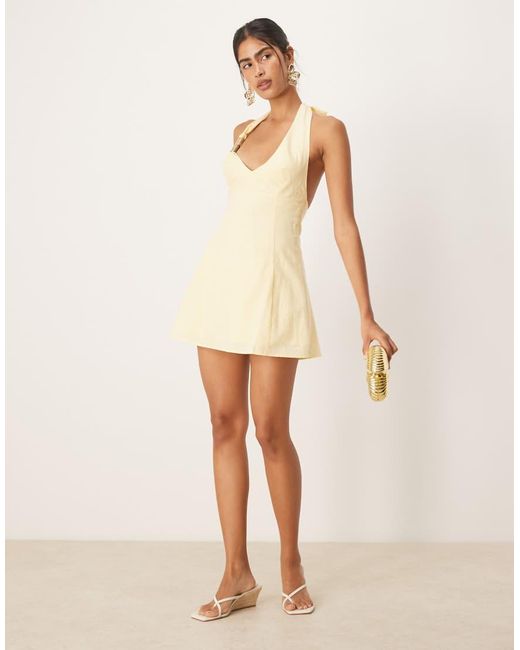 SNDY'S Natural Linen Look Metal Detail Halterneck A Line Mini Dress